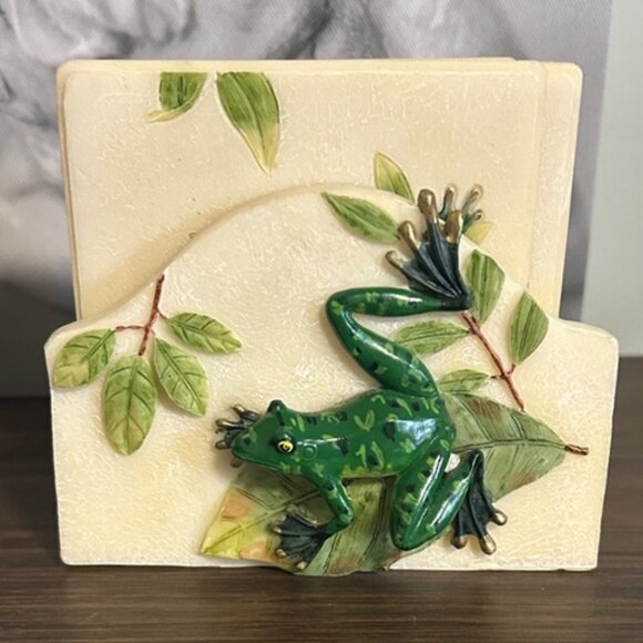 Vintage 5 Piece Handpainted Stone Frog Coaster Set Of 4 Cork Back With Stand - Picture 1 of 5